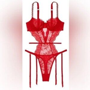NWT Victoria's Secret Wicked Red Lace Bodysuit with Garters Teddy Size XL